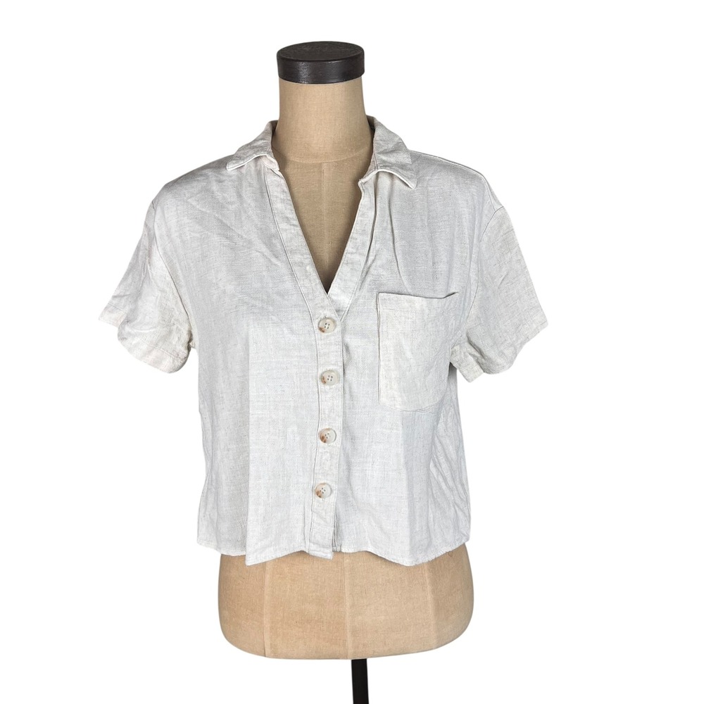 Love Notes Womens Medium Linen Blend Short Sleeve Button Up Shirt Oatmeal Beige